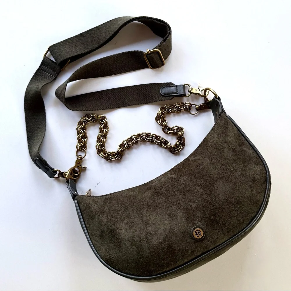 House of Harlow 1960 Valerie Crossbody Green Faux Suede Double Zip Shoulder Bag